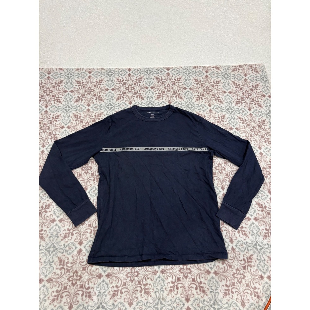 American Eagle Mens Navy Blue Logo Tape Long Sleeve Graphic T-Shirt Medium